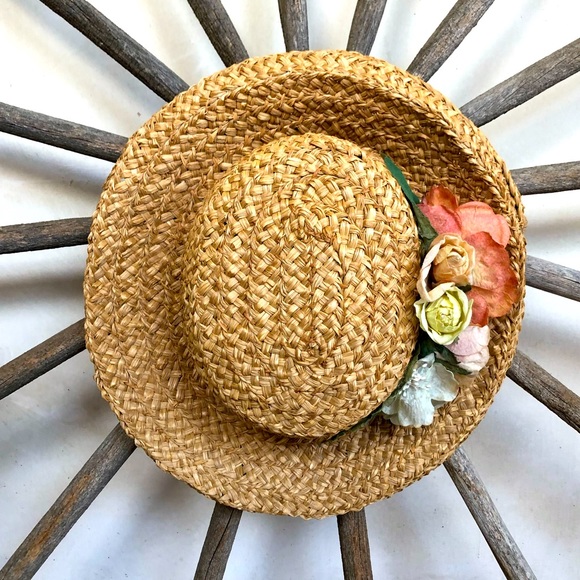 Vtg 80’s?WOVEN STRAW SUN HAT Nice Handmade Floral main image 9